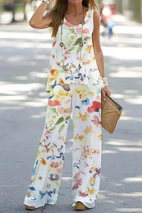 2023 Women 2 Piece Outfits Boho Casual Printed Vest Sleeveless Top Loose Wide Leg Pants Trousers Two Piece Set Elegant Suit - Empire P.E