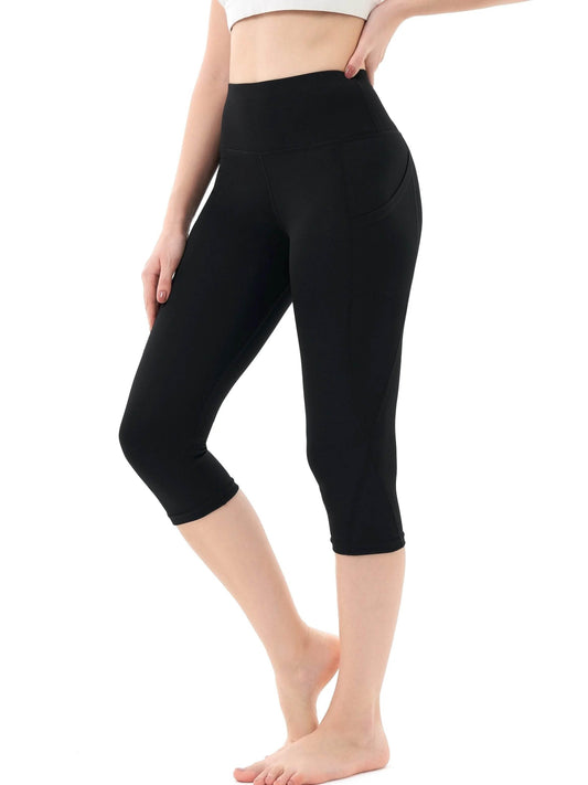 Women's Plus Size Capri Leggings With Pockets - Stretchy High Waisted Tummy Control Gym Black Color Plain Yoga Pants - Empire P.E