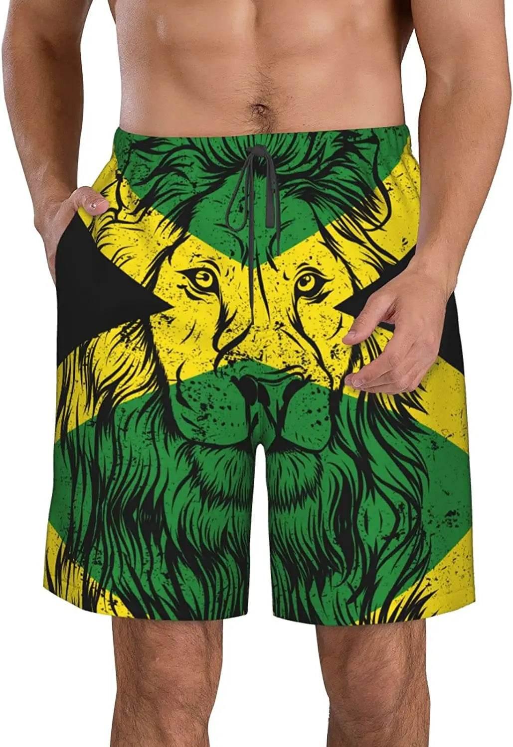 Jamaican Flag Mens Beach Shorts Swimming Trunks Board Shorts Elastic Waist with Pocket - Empire P.E