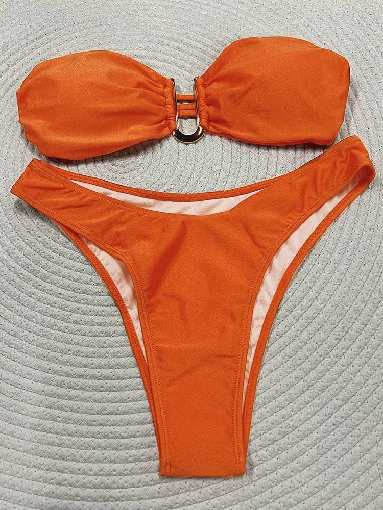 Solid Swimsuit Women Bathing Suit Bandeau Bikini 2024 Biquinis Feminino Swimwear High Waist Bikini Set Beachwear Sexy Bikinis - Empire P.E