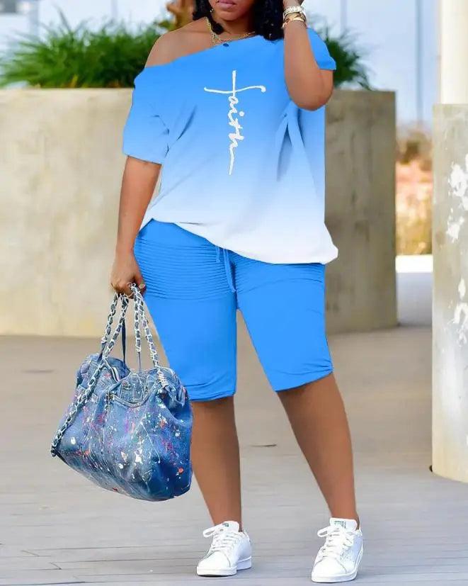 Womens Two Piece Sets Outfit Melting Colors All Over Print Skew Neck Top & Shorts Set New Fashion 2023 Summer Casual Female Suit - Empire P.E