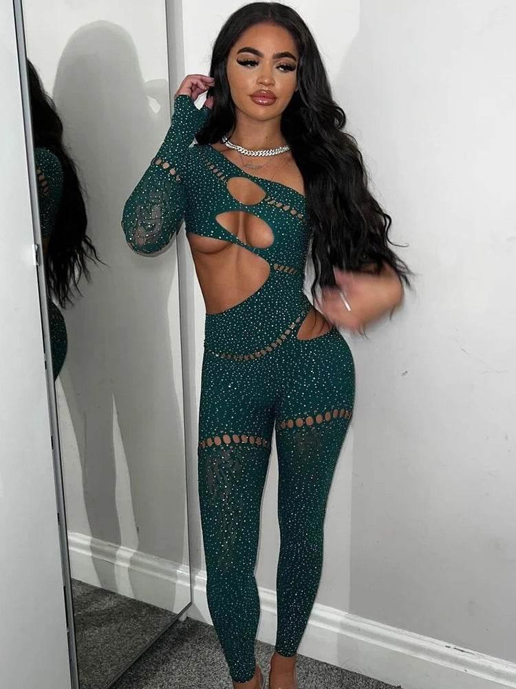 Sibybo Sexy Single Rotator Cuff Hollow Out High Elastic Jumpsuit Luminous Rhinestones Solid Color Trousers Spicy Girl Streetwear - Empire P.E