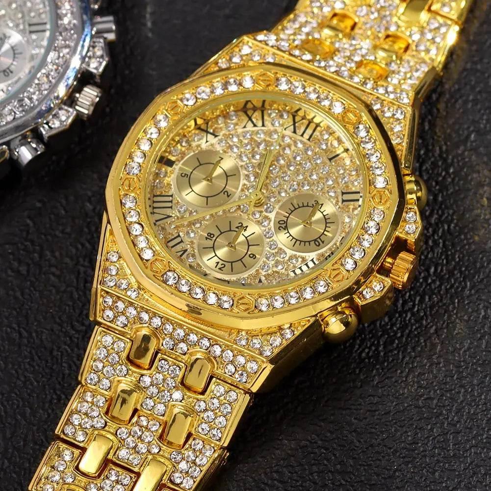 14MM Necklace+Watch+Bracelet Iced Out Watches For Men 2 Row Rhinestone Cuban Chain Necklace Set Women Men Hiphop Jewelry Gift - Empire P.E
