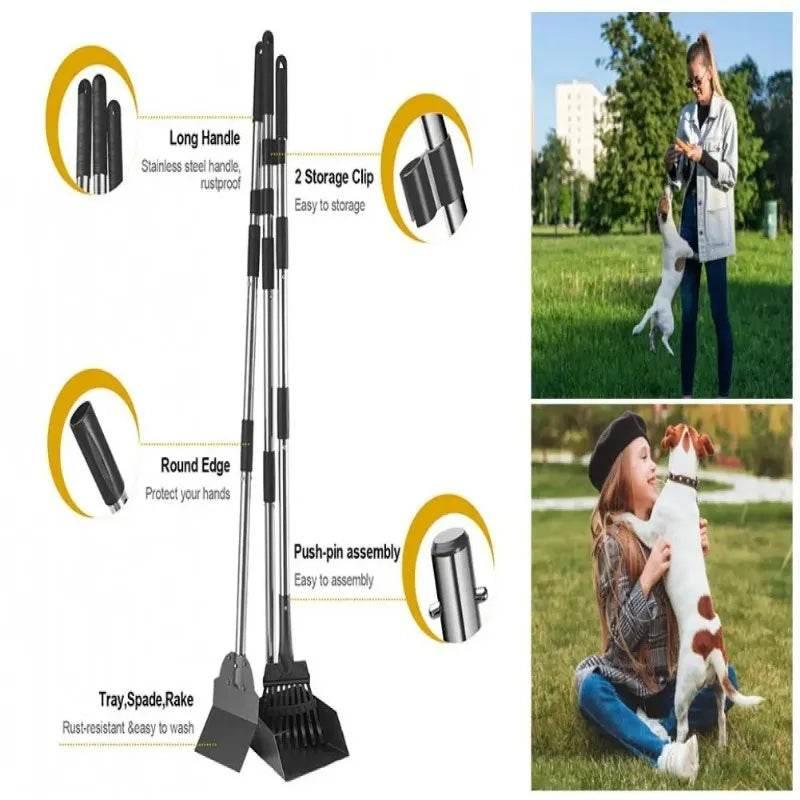 2/3Pcs Pet Pooper Scooper Set with Long Handle Multifunctional Metal Tray Rake Spade Dog Poop Picker For Pet Waste Removal - Empire P.E