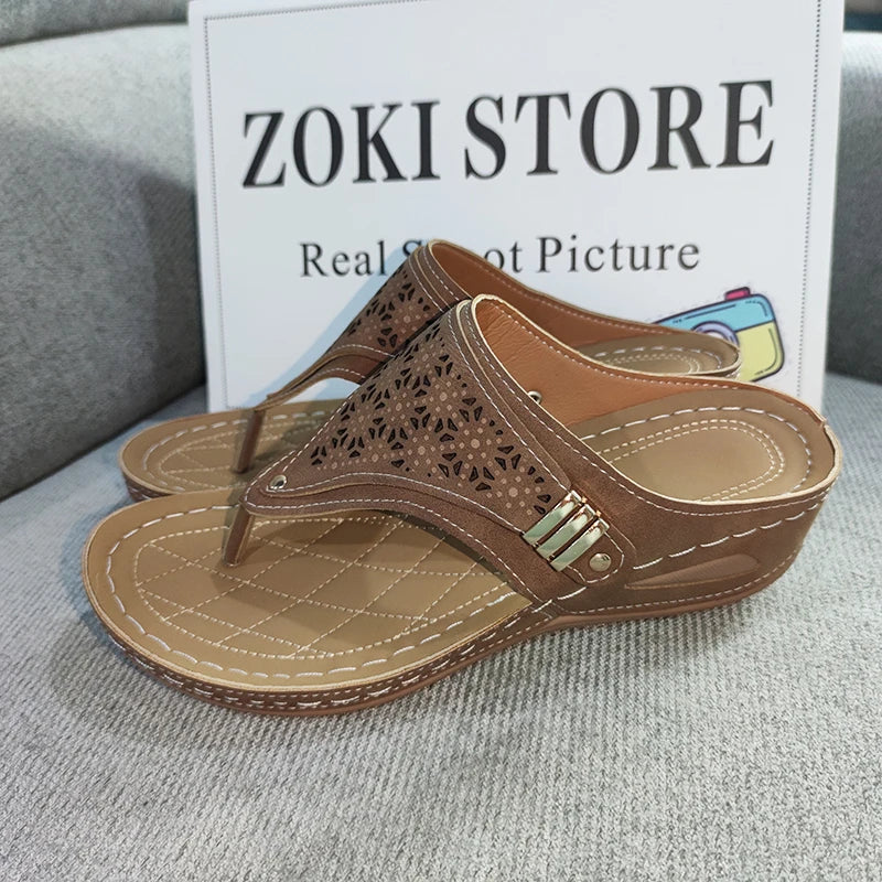 Summer Women's Wedge Sandals 2023 Clip Toe Orthopedic Arch Support Sandals Woman Pu Leather Non-Slip Soft Platform Flip Flops - Empire P.E