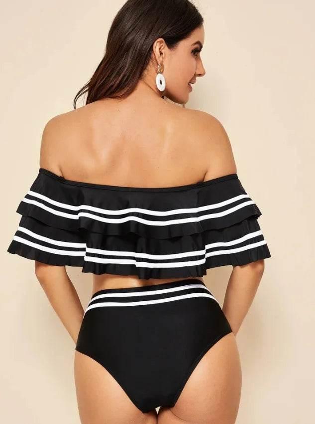 Black striped women bikini set two pieces sexy off shoulder ruffles high waist bathing suits summer beach swimsuits - Empire P.E