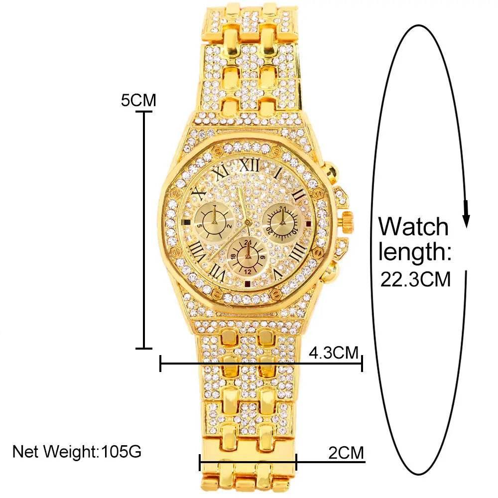 14MM Necklace+Watch+Bracelet Iced Out Watches For Men 2 Row Rhinestone Cuban Chain Necklace Set Women Men Hiphop Jewelry Gift - Empire P.E