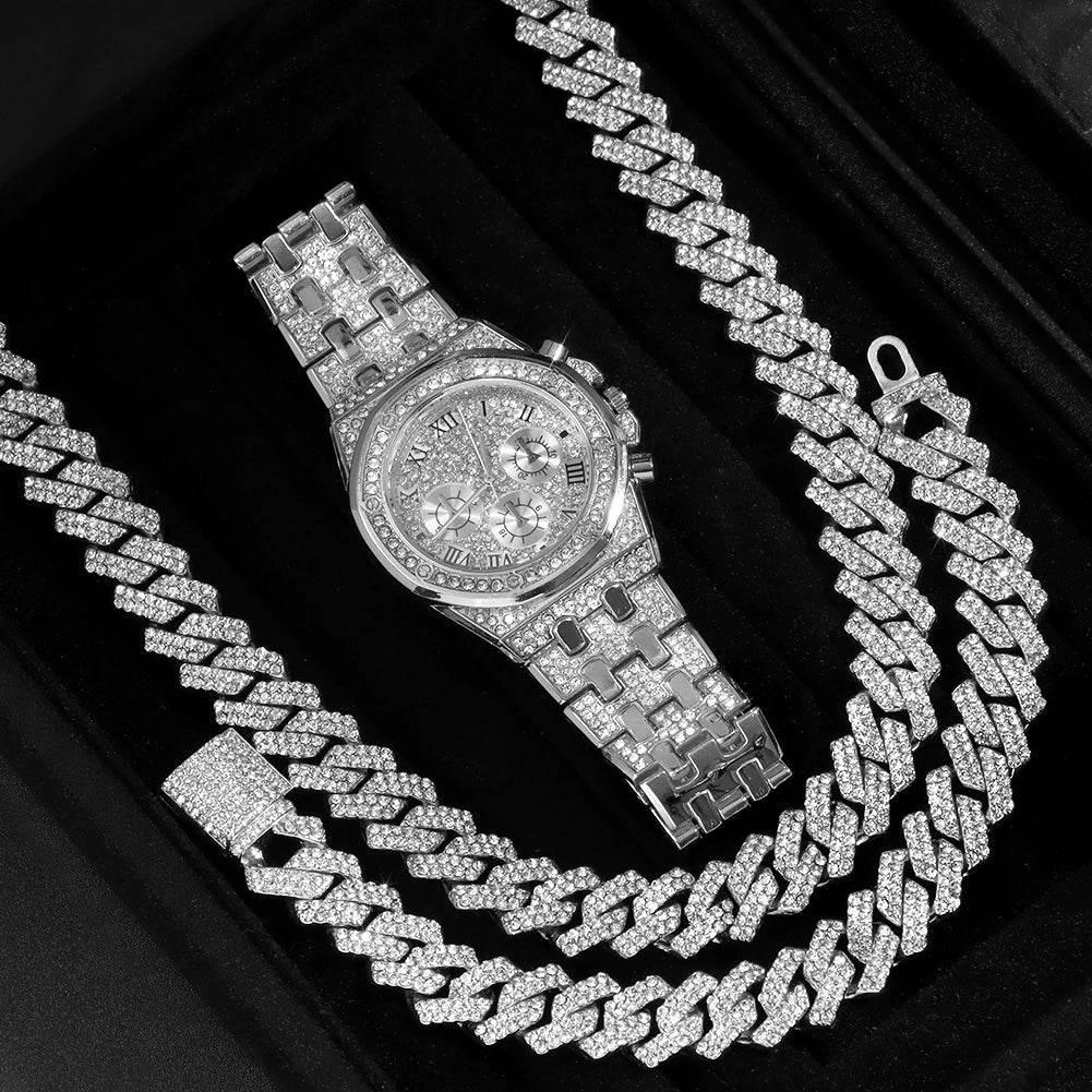 14MM Necklace+Watch+Bracelet Iced Out Watches For Men 2 Row Rhinestone Cuban Chain Necklace Set Women Men Hiphop Jewelry Gift - Empire P.E