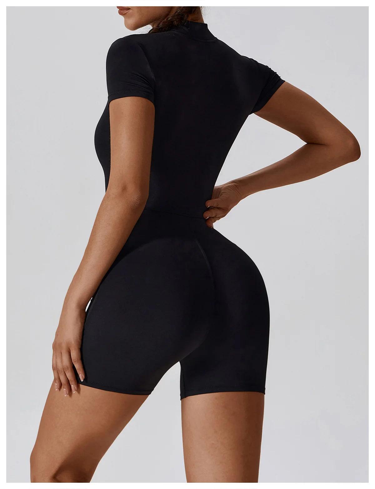 Yoga Set Women's One-Piece Suit Zipper Short Sleeve Gym Push Up Workout Clothes Fitness Short Bodysuit Sportswear Jumpsuits - Empire P.E