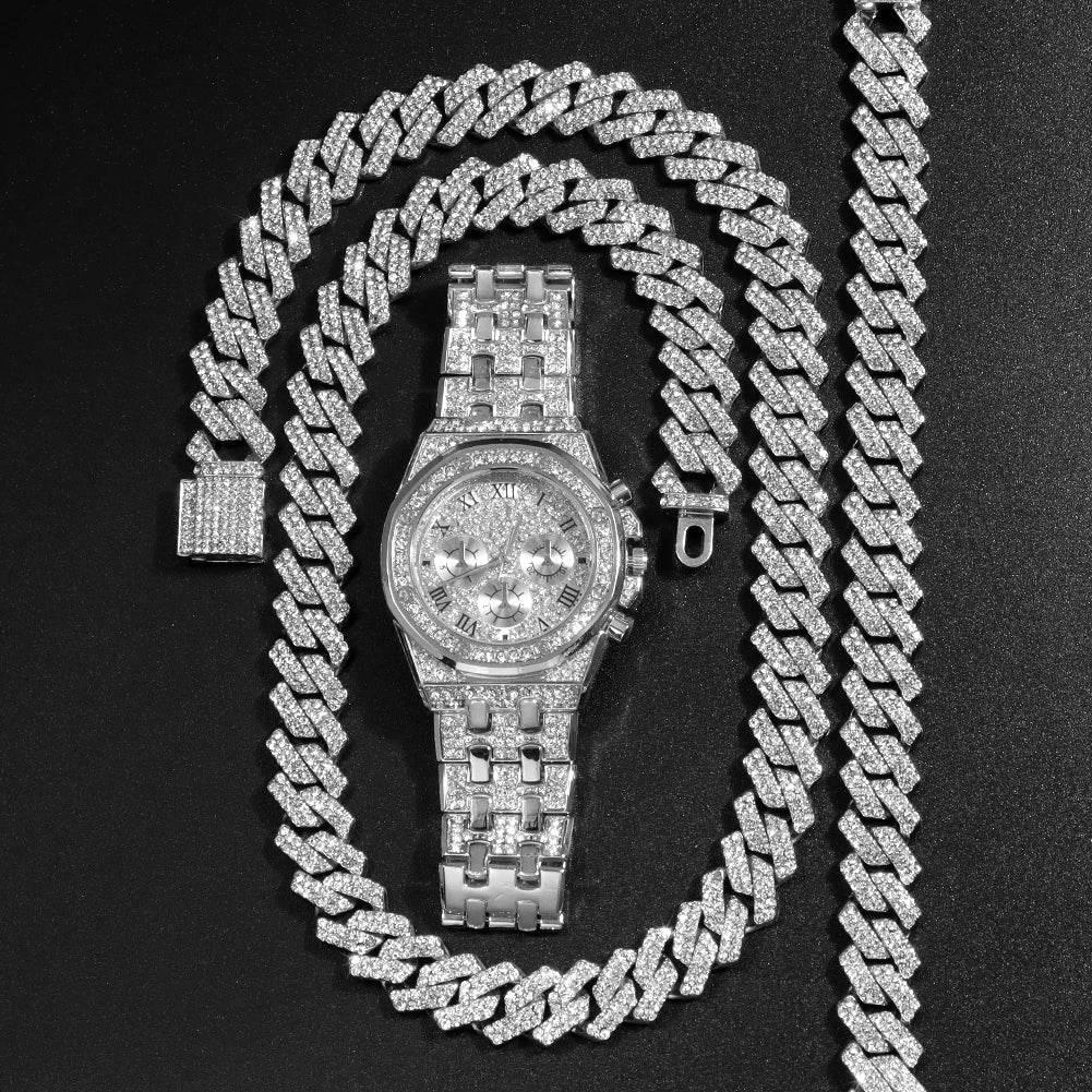 14MM Necklace+Watch+Bracelet Iced Out Watches For Men 2 Row Rhinestone Cuban Chain Necklace Set Women Men Hiphop Jewelry Gift - Empire P.E
