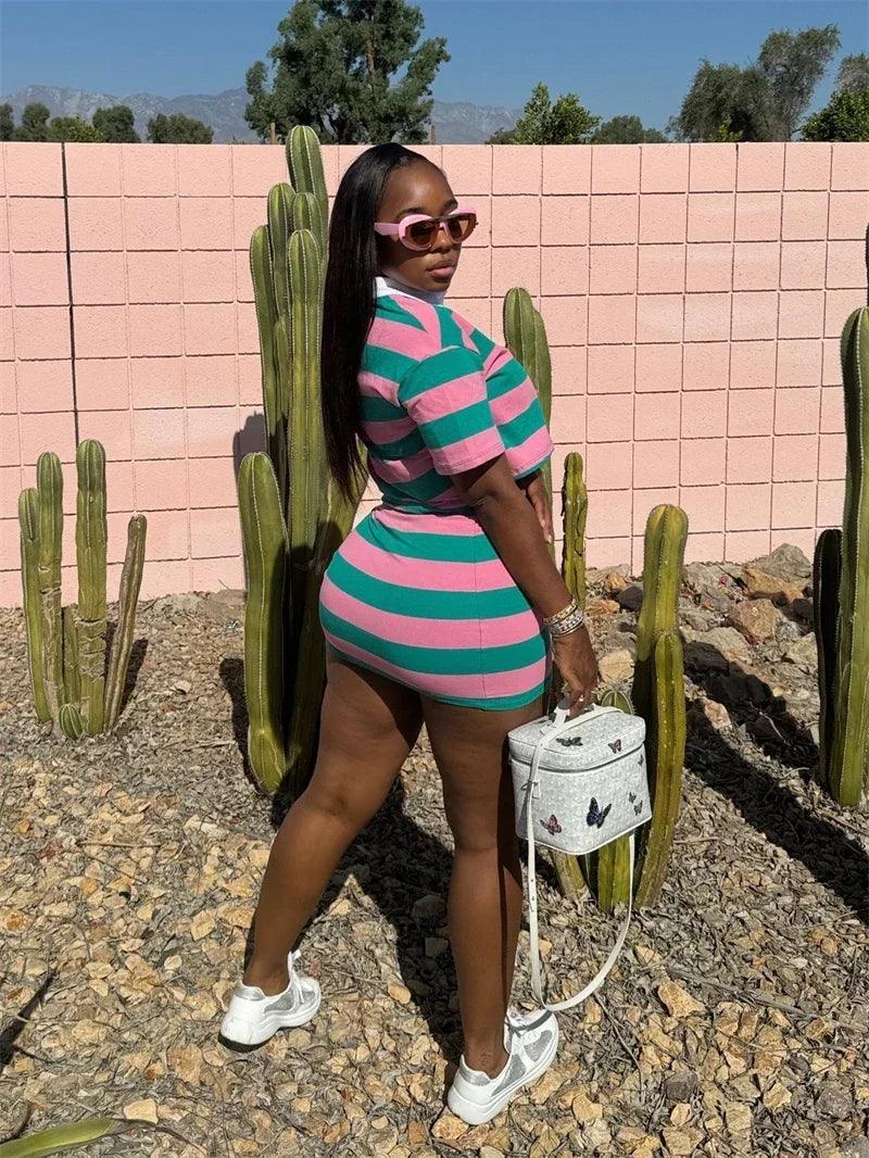 Sporty Fitness Striped Print 2 Pieces Set for Woman Streetwear Casual Turn-down Collar Shirt Crop Top and Mini Skirt Sets Summer - Empire P.E