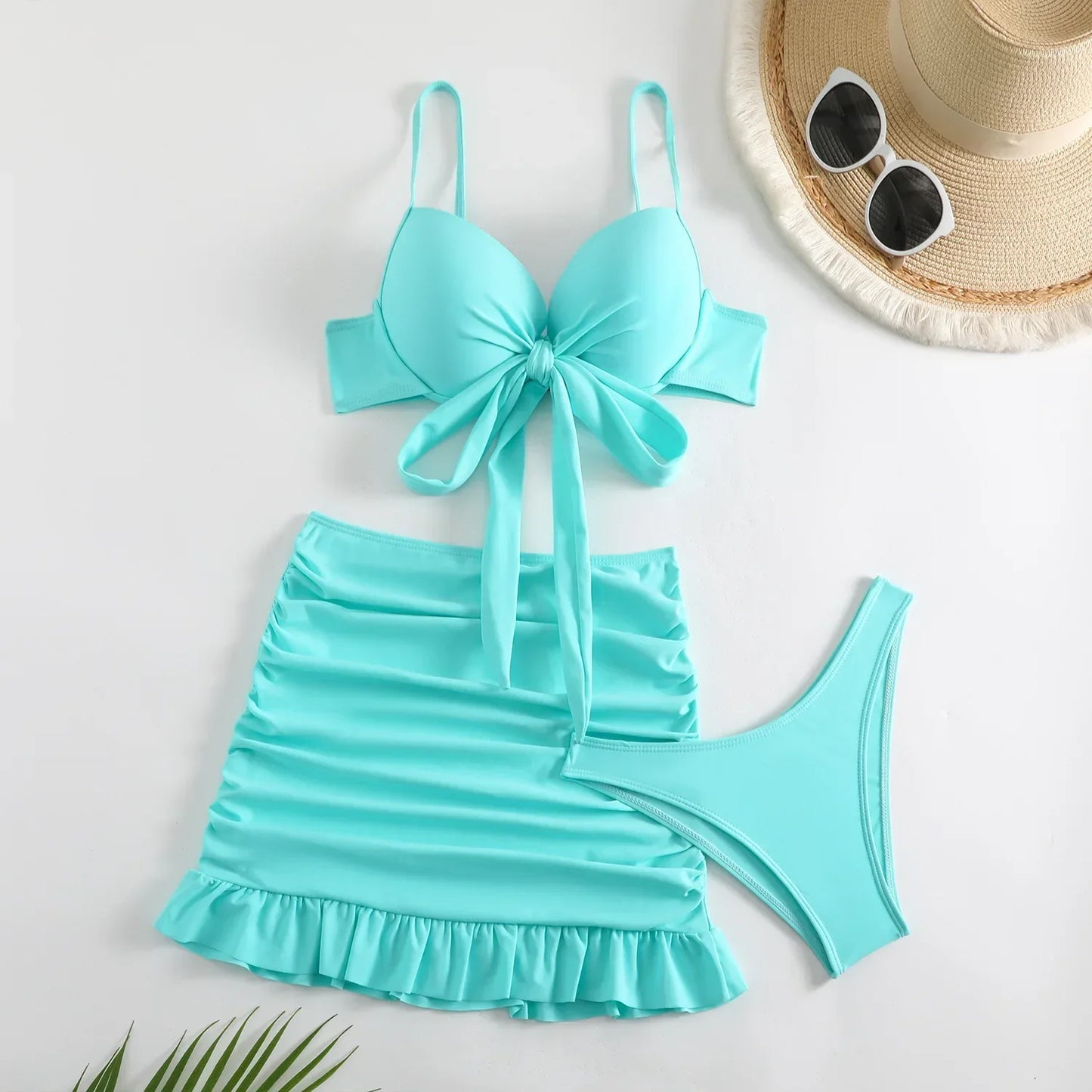 Cikini-Solid Bikini Set 3 Piece Bathing Suit