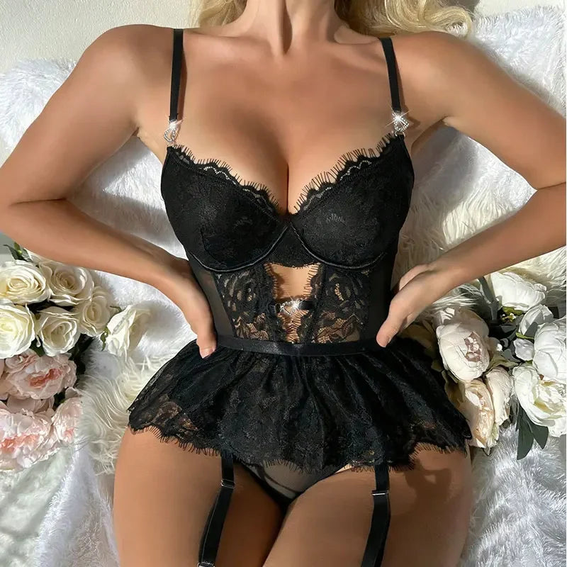 Sexy Crotchless Lingerie Women Lace Hollow Bodysuit - Empire P.E
