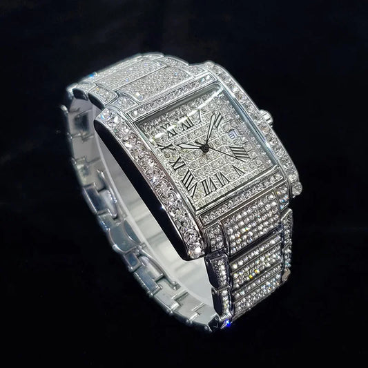 New Luxury Diamond Watch for Men Fashion Ice Out Rectangle Wristwatch - Empire P.E