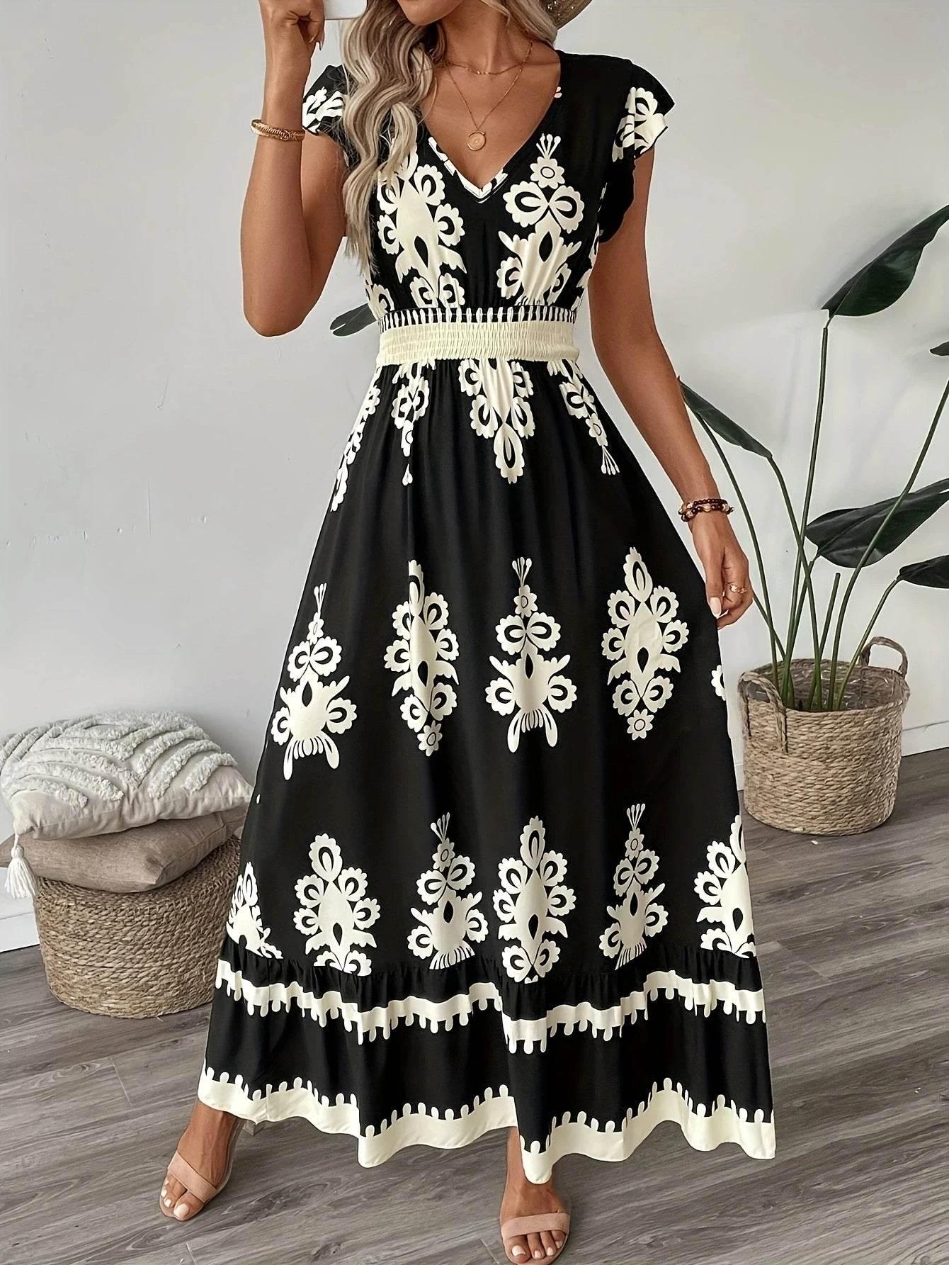 Plus Size Women Elegant V Neck Maxi Dress Geometric Pattern Short Sleeve Pleated Skirt Polyester Casual Outing - Empire P.E
