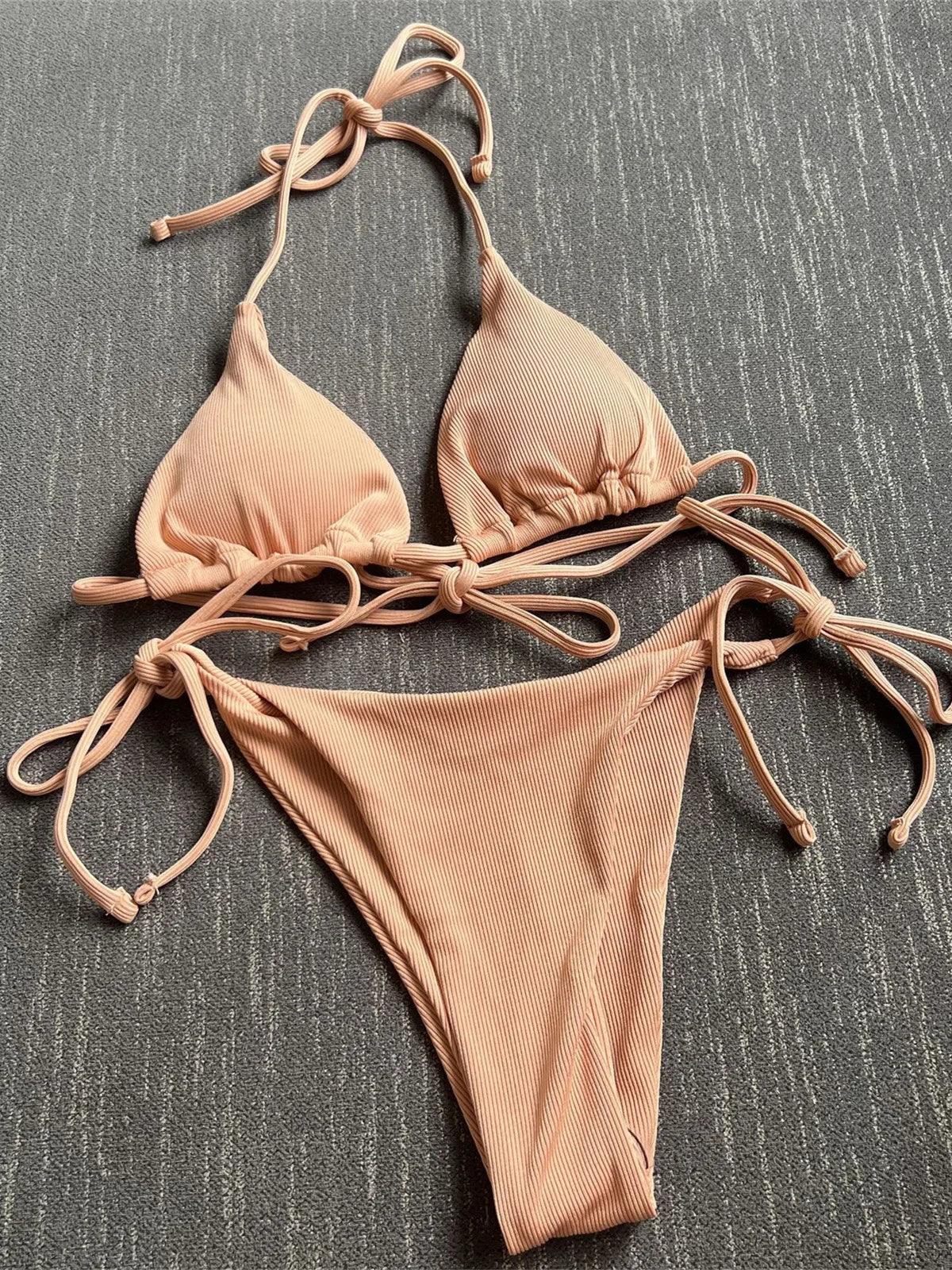 Women Solid Halter Push Up Bra Tie Side Triangle Swimsuit - Empire P.E