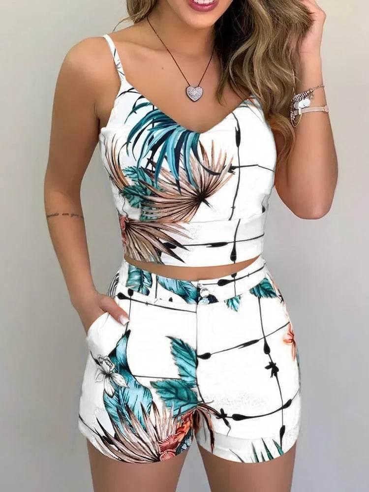 Print Spaghetti Strap Crop Top & Short Sets - Empire P.E