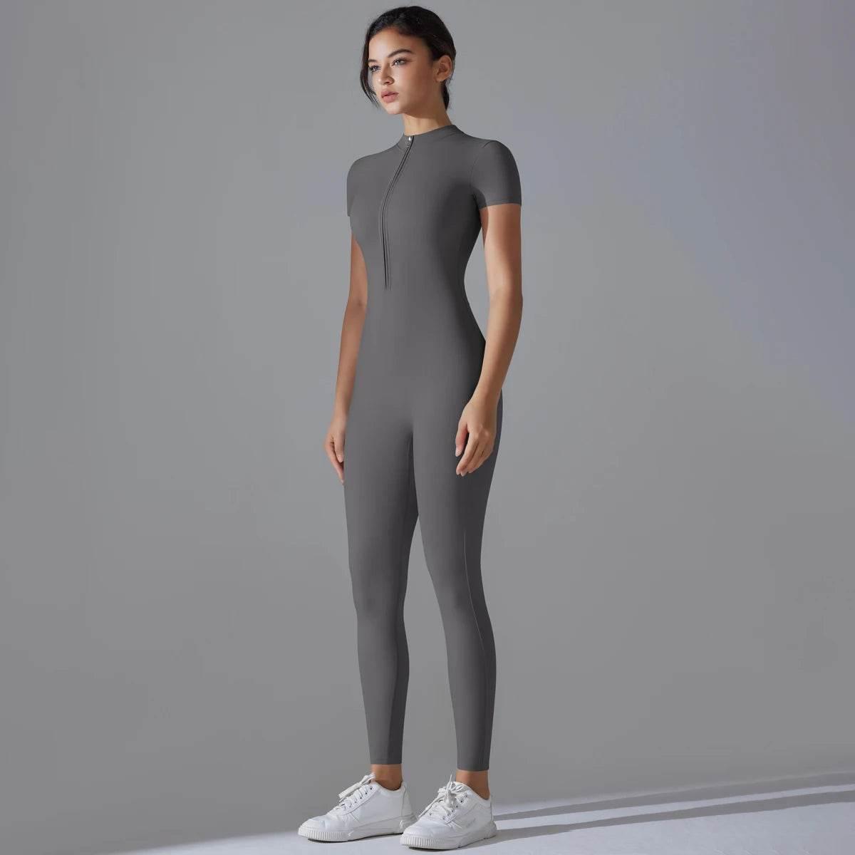 Yoga Set Women's Jumpsuits One-Piece Suit Zipper Short Sleeve Gym Push Up Workout Clothes Fitness Bodysuit Sportswear Tracksuit - Empire P.E