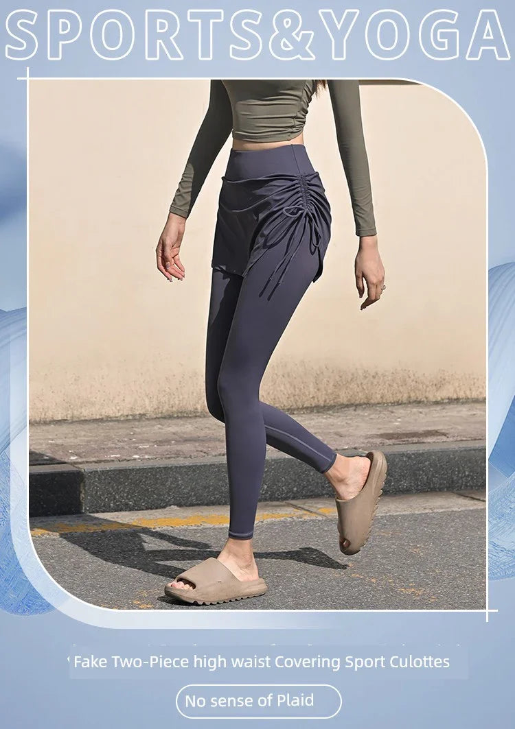 Fake Two-Piece Yoga Pants Women's Drawstring Sports Running Tight Thigh-Length Slim Looking Training Cycling High Waist Belly Contracting Fitness Pants - Empire P.E