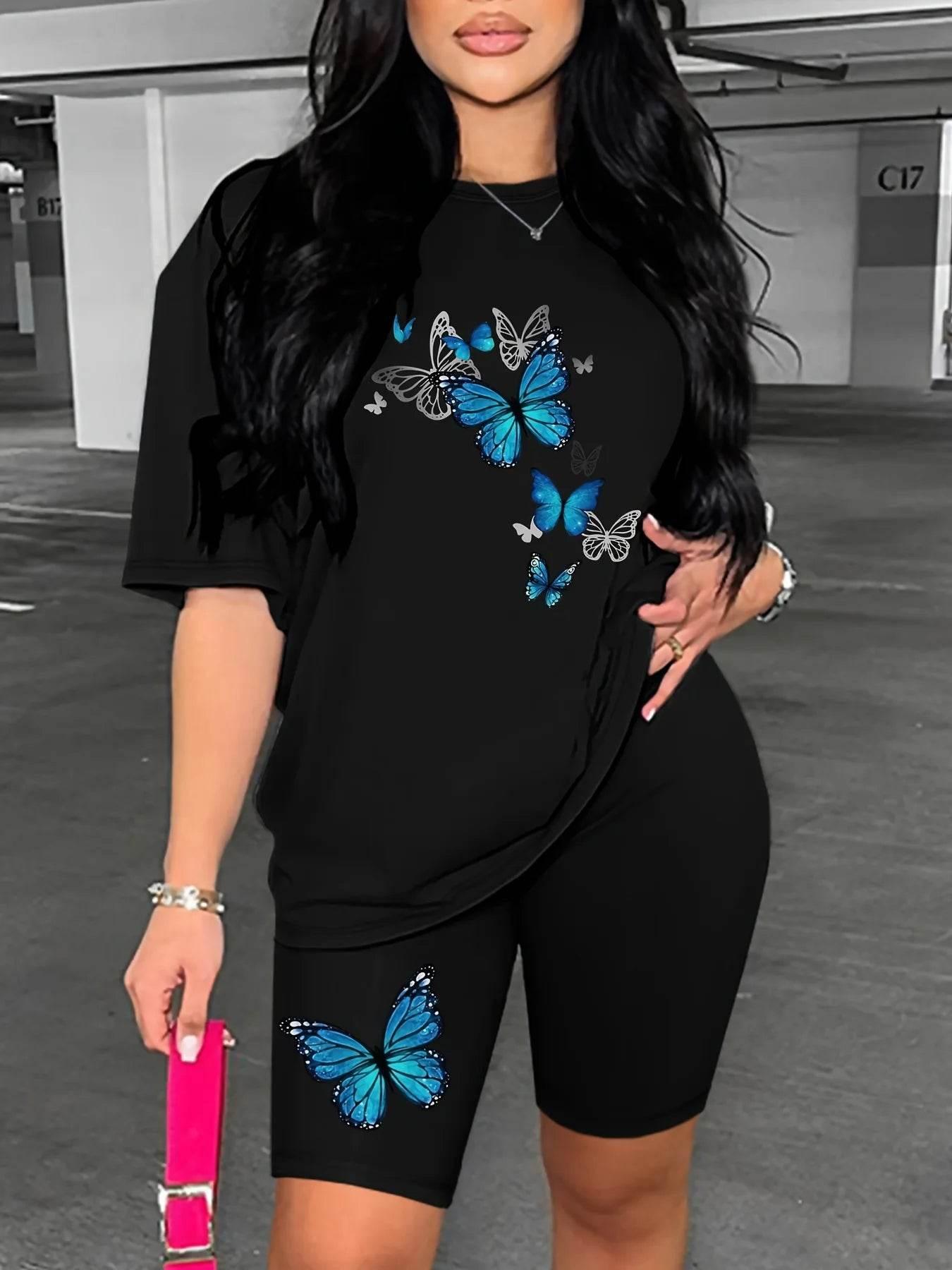 Conjuntos Para Mujeres 2 Piezas Women's Butterfly Printed Two-piece Set, Short Sleeved T-shirt, Round Neck, Shorts, Summer - Empire P.E