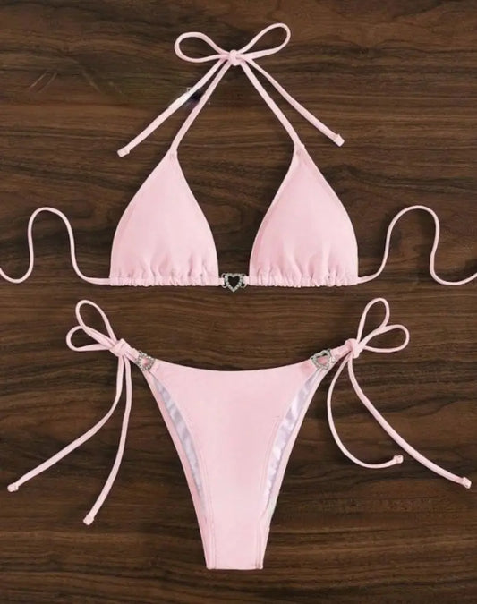 Women's Solid Bikini with Crystal Heart Front and Waist Sexy Halter Swimsuit