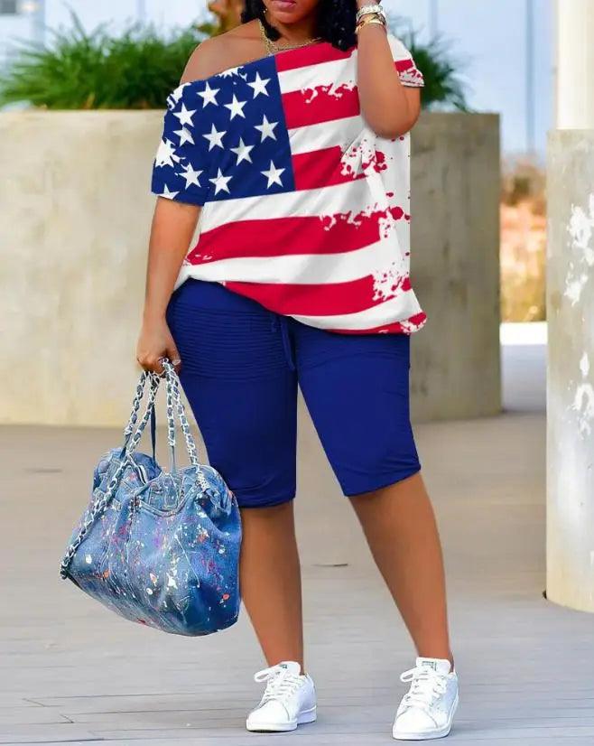 Womens Two Piece Sets Outfit Melting Colors All Over Print Skew Neck Top & Shorts Set New Fashion 2023 Summer Casual Female Suit - Empire P.E