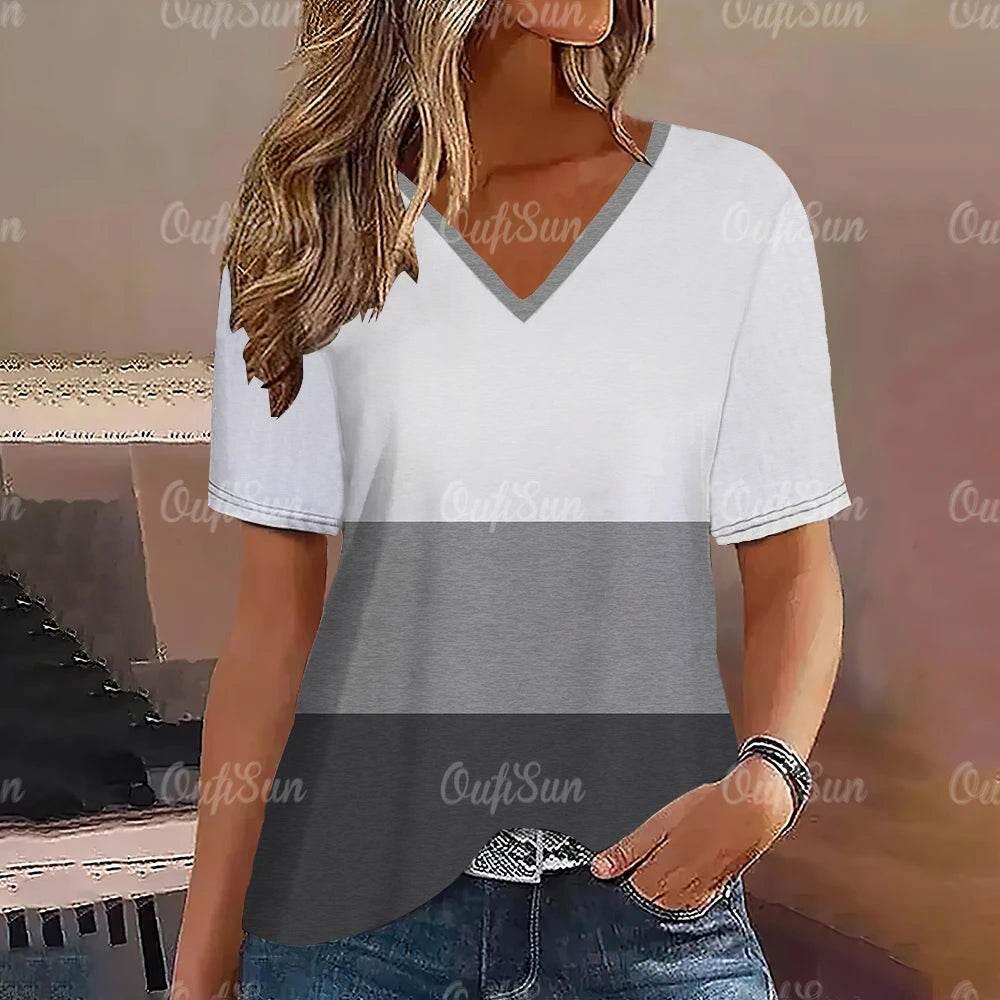 Women's T-Shirt Summer Stripe Short Sleeve Tee Shirt Fashion Blue V-Neck Female Clothing Casual New T-Shirt for Women Pullover - Empire P.E