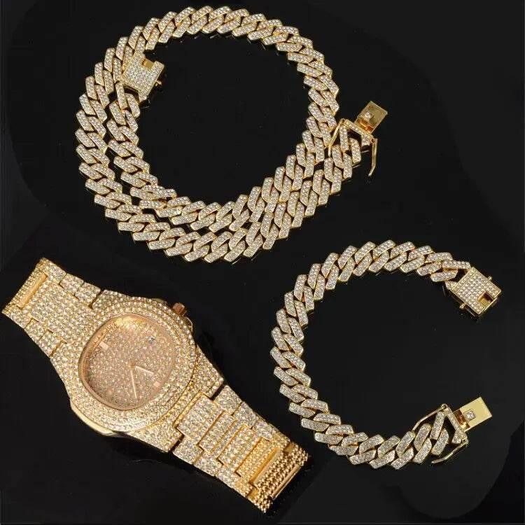 Necklace +Watch+Bracelet Hip Hop Miami Curb Cuban Chain Silver Color Full Iced Out Paved Rhinestones CZ Bling For Men Jewelry - Empire P.E