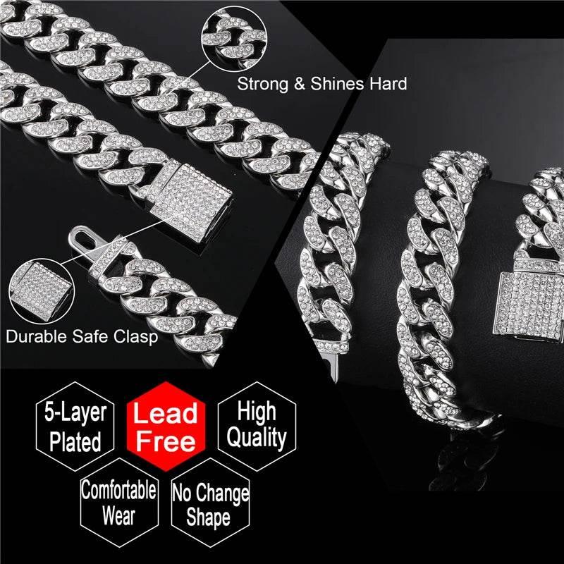 Necklace +Watch+Bracelet Hip Hop Miami Curb Cuban Chain Silver Color Full Iced Out Paved Rhinestones CZ Bling For Men Jewelry - Empire P.E