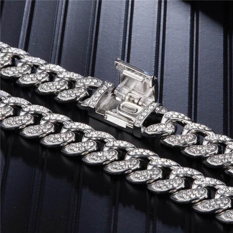 Necklace +Watch+Bracelet Hip Hop Miami Curb Cuban Chain Silver Color Full Iced Out Paved Rhinestones CZ Bling For Men Jewelry - Empire P.E
