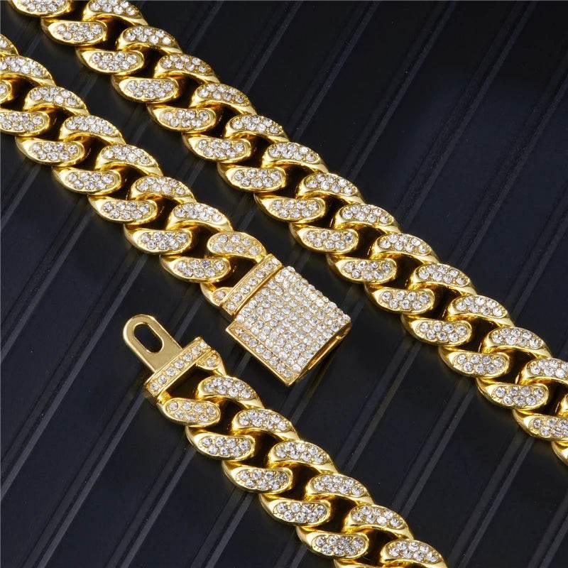 Necklace +Watch+Bracelet Hip Hop Miami Curb Cuban Chain Silver Color Full Iced Out Paved Rhinestones CZ Bling For Men Jewelry - Empire P.E