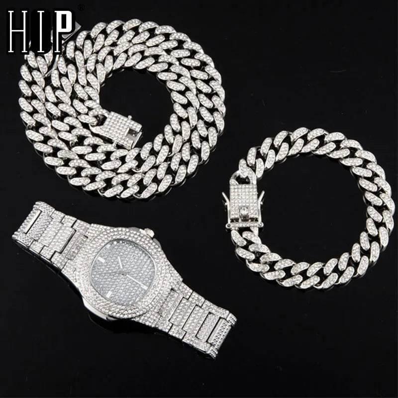 Necklace +Watch+Bracelet Hip Hop Miami Curb Cuban Chain Silver Color Full Iced Out Paved Rhinestones CZ Bling For Men Jewelry - Empire P.E