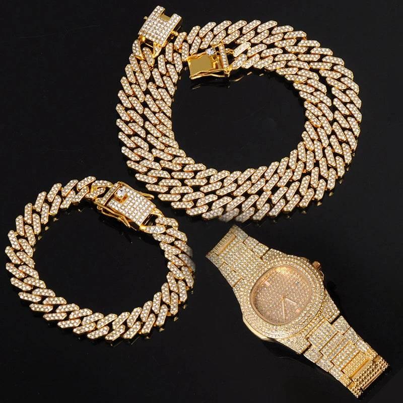 Necklace +Watch+Bracelet Hip Hop Miami Curb Cuban Chain Silver Color Full Iced Out Paved Rhinestones CZ Bling For Men Jewelry - Empire P.E