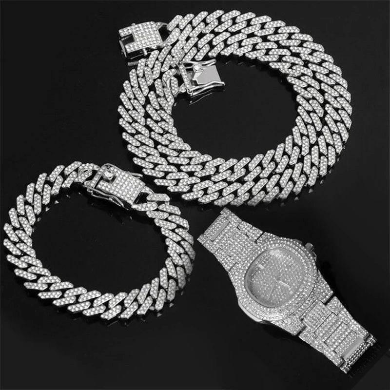 Necklace +Watch+Bracelet Hip Hop Miami Curb Cuban Chain Silver Color Full Iced Out Paved Rhinestones CZ Bling For Men Jewelry - Empire P.E