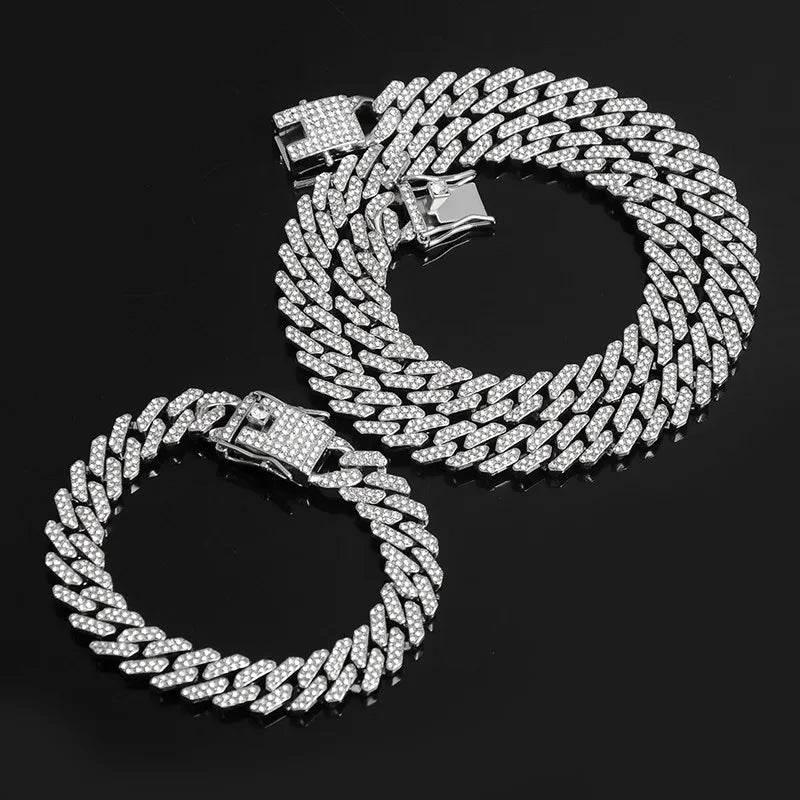 Necklace +Watch+Bracelet Hip Hop Miami Curb Cuban Chain Silver Color Full Iced Out Paved Rhinestones CZ Bling For Men Jewelry - Empire P.E