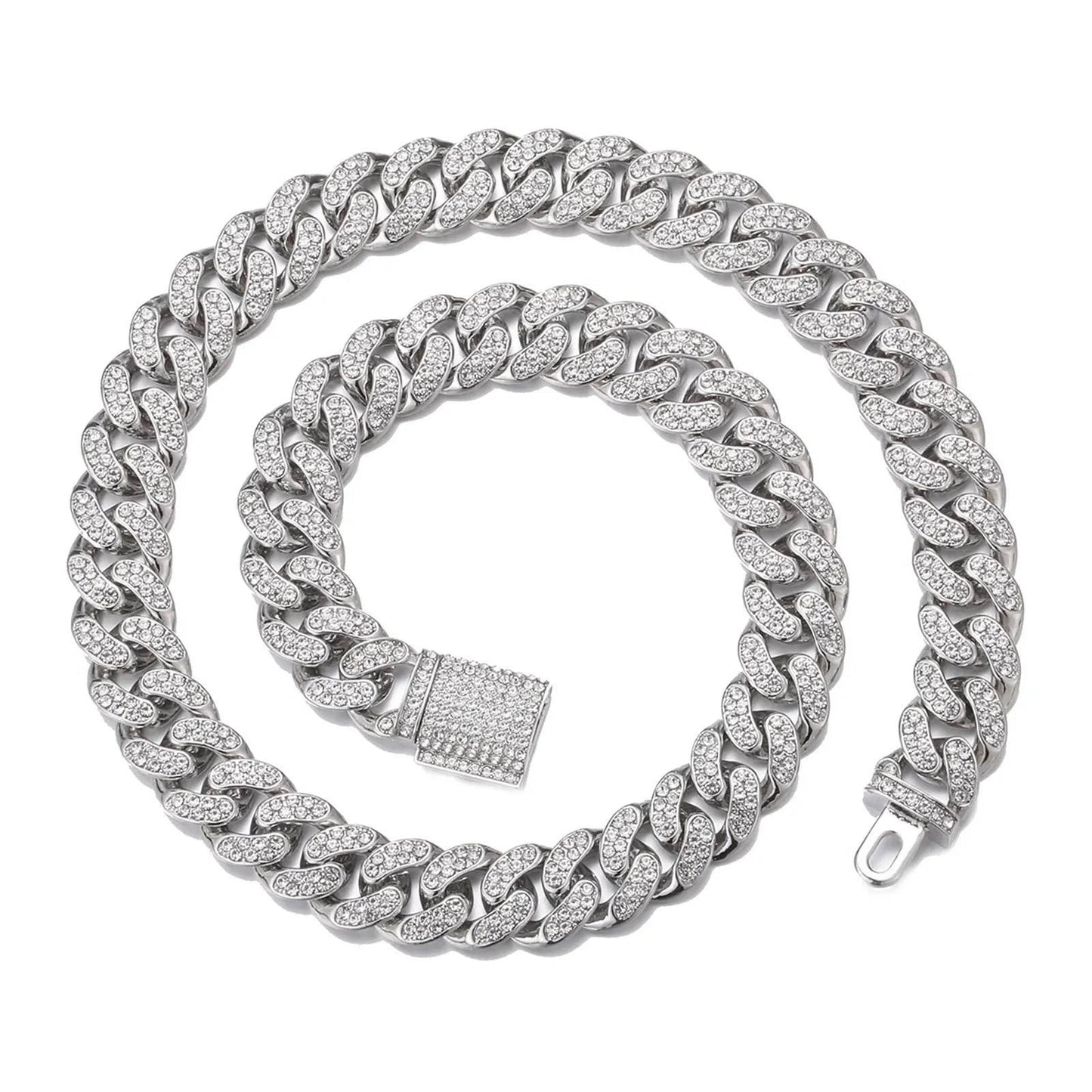 Necklace +Watch+Bracelet Hip Hop Miami Curb Cuban Chain Silver Color Full Iced Out Paved Rhinestones CZ Bling For Men Jewelry - Empire P.E