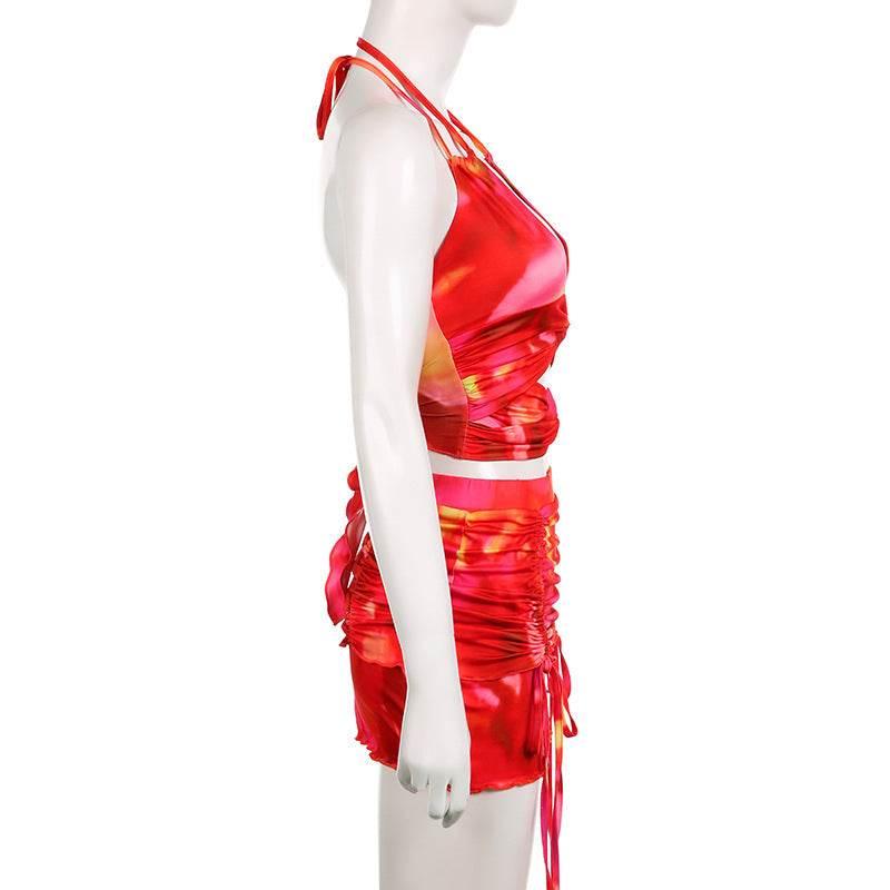 Tie-dyed Printed Deep V Halter Corset High Waist Short Skirt - Empire P.E