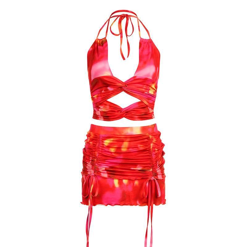 Tie-dyed Printed Deep V Halter Corset High Waist Short Skirt - Empire P.E