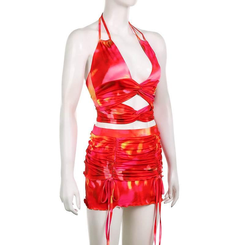 Tie-dyed Printed Deep V Halter Corset High Waist Short Skirt - Empire P.E