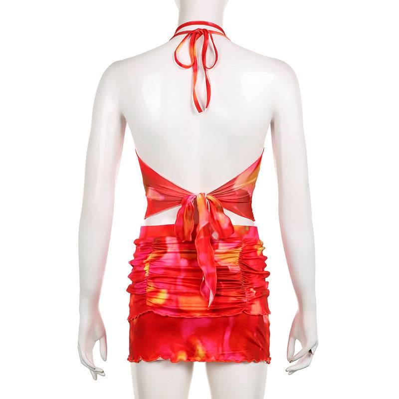 Tie-dyed Printed Deep V Halter Corset High Waist Short Skirt - Empire P.E
