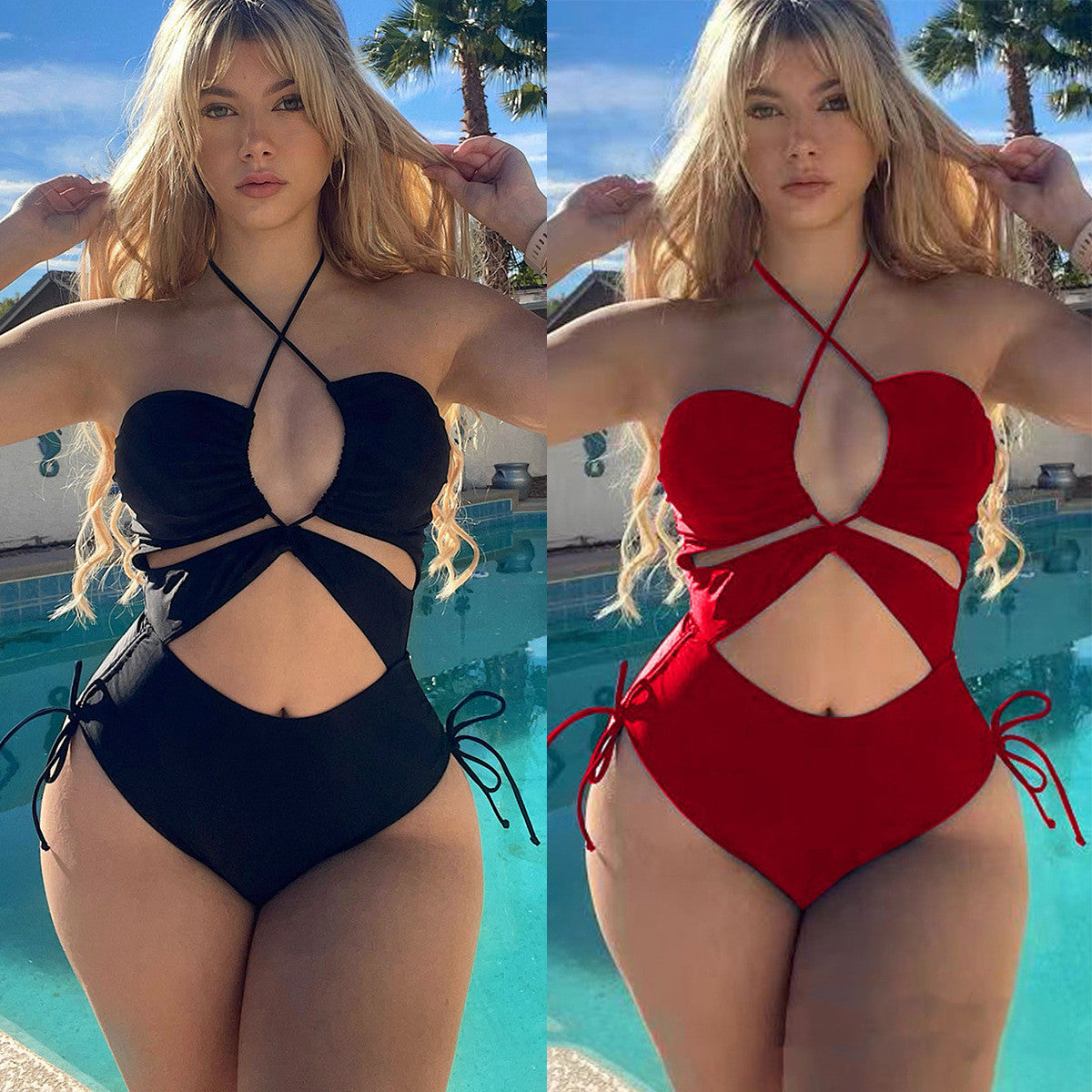 2024 Drawstring Swimsuit Solid Cut Out Knot Halter One Piece Swimwear Women Padded Bathing Suit Female Swimming Summer Beachwear - Empire P. E