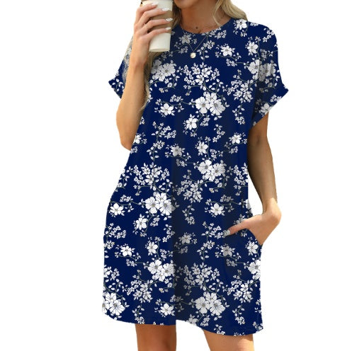 Loose Crew Neck Short Sleeve Printed Pocket Dress - Empire P.E