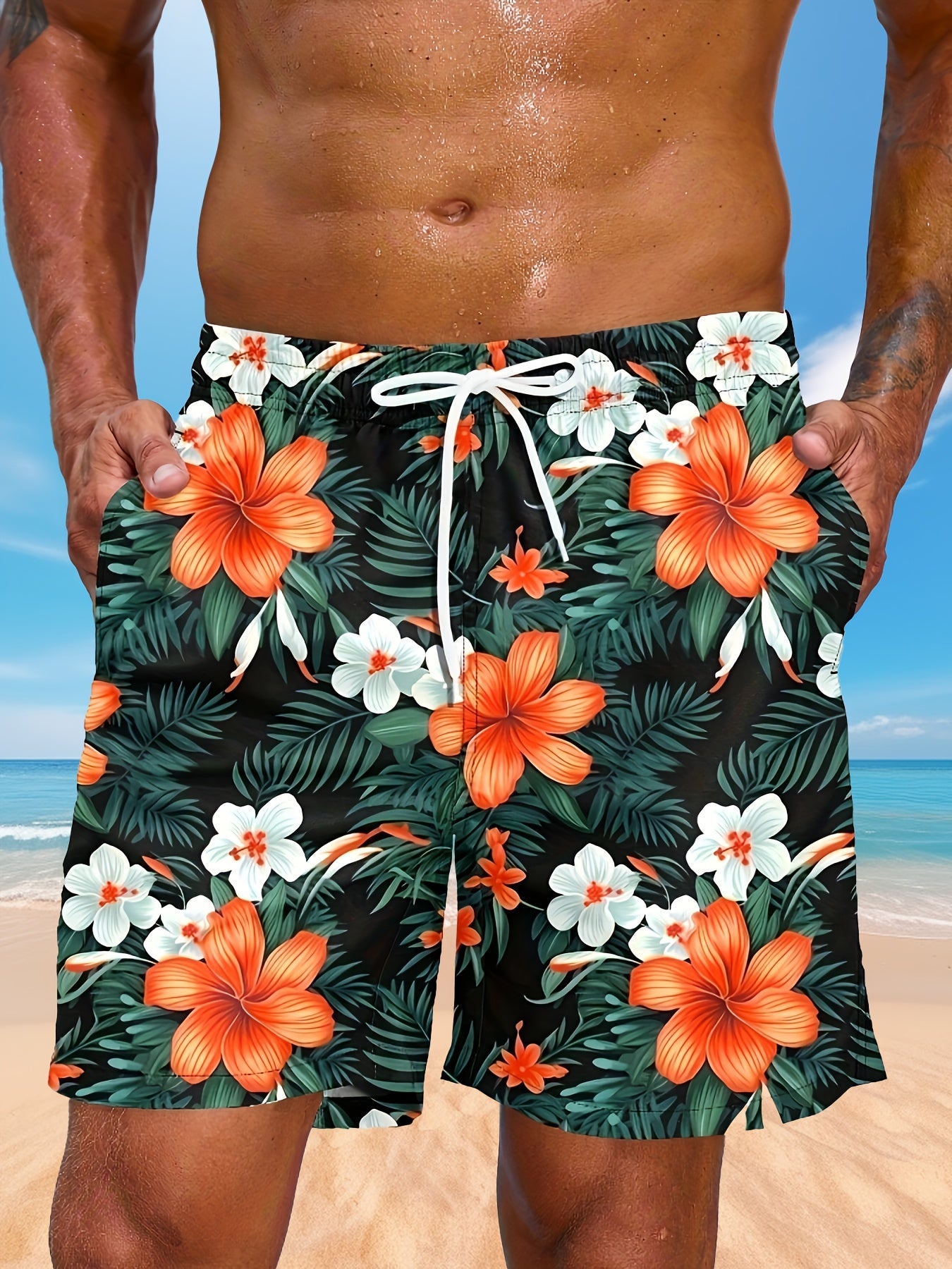 Men's Floral Graphic Print Shorts With Pockets