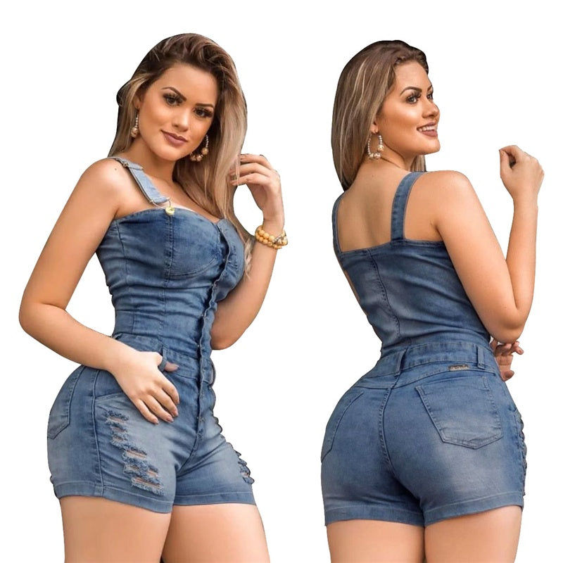 Plus Size Elegance Cotton Jeans Woman Ladies Short Romper - Empire P.E