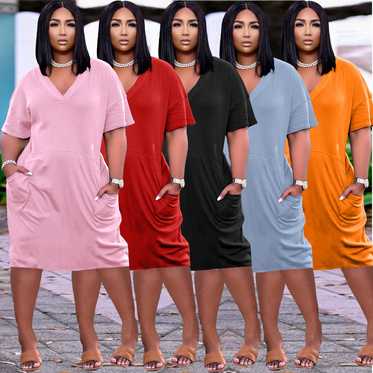 Sexy Loose Color V-neck Casual Dress With Pockets - Empire P. E