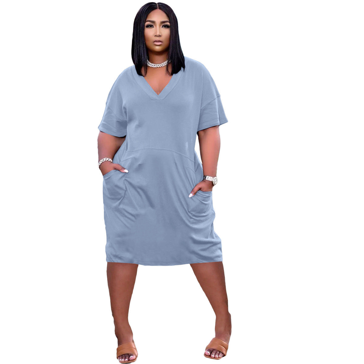 Sexy Loose Color V-neck Casual Dress With Pockets - Empire P. E