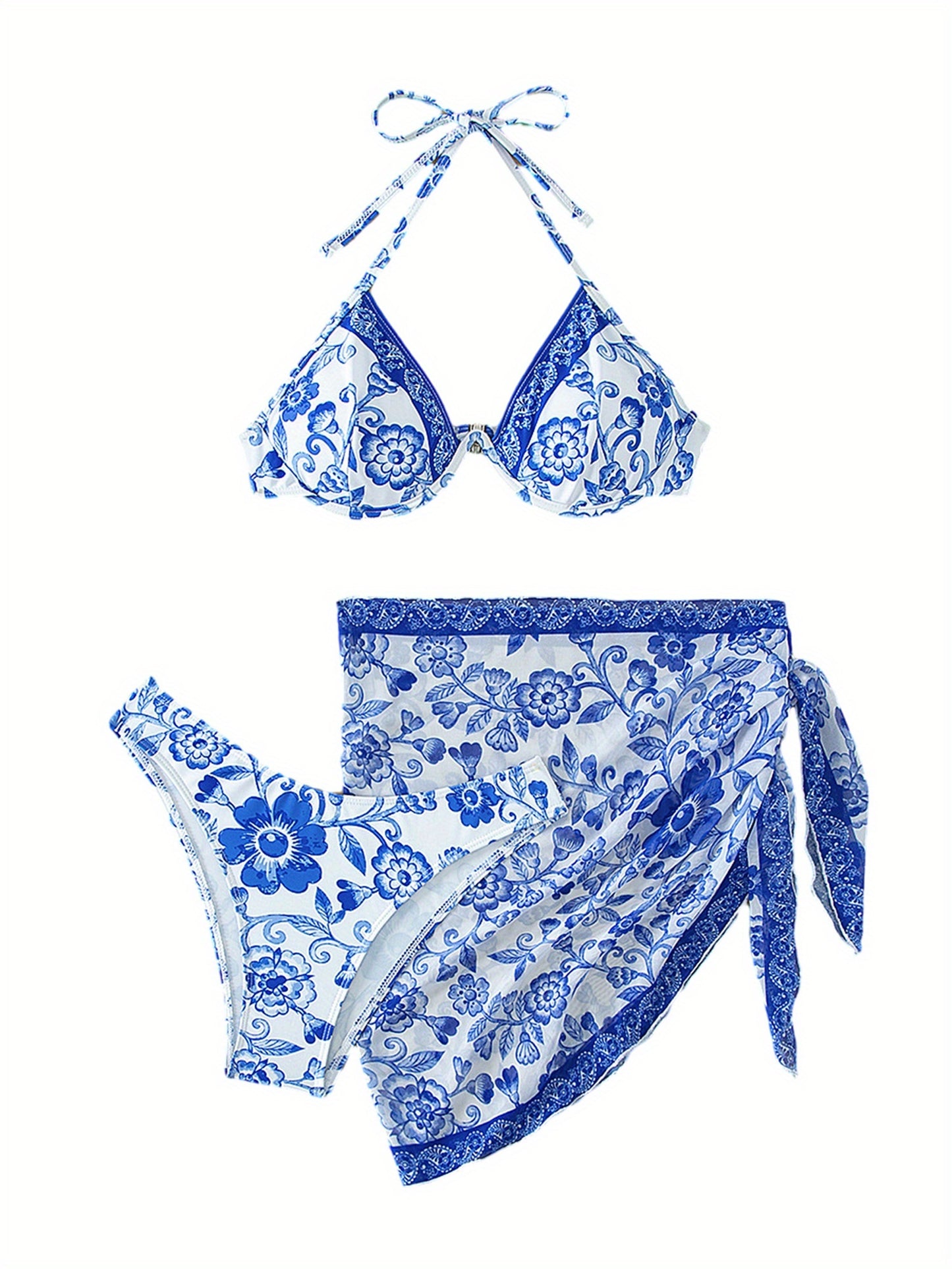 Women's  Flower Print 3pcs Bikini Set