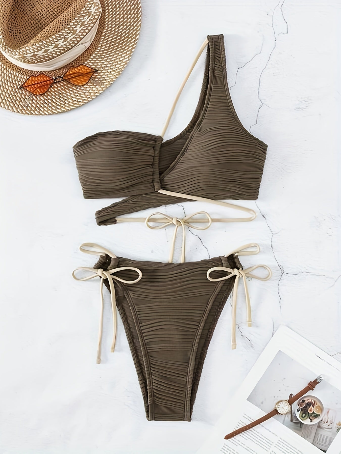 Asymmetric One Shoulder Criss Cross Bikini 2 Piece Set