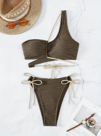 Asymmetric One Shoulder Criss Cross Bikini 2 Piece Set