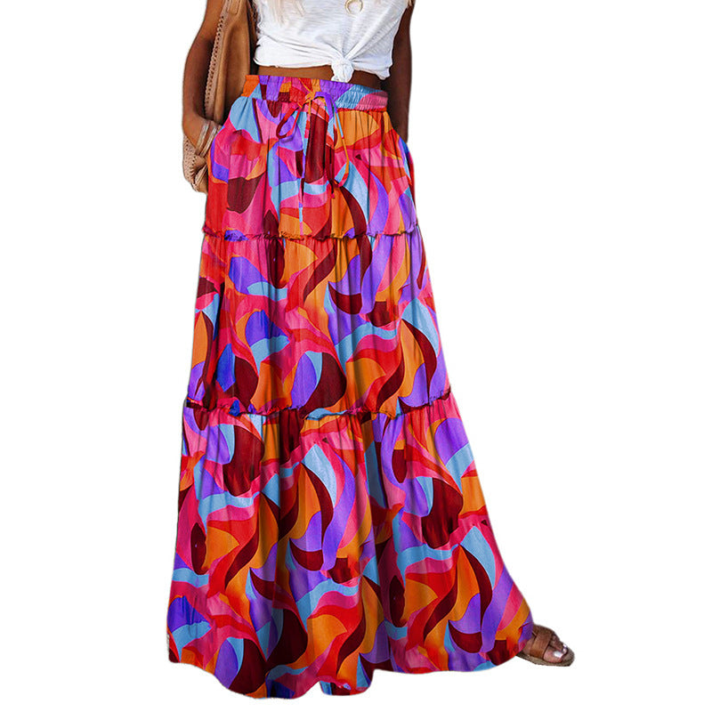 Summer Bohemian Beach Women Skirt Vintage High Waist Elastic Printed Clothing Loose Casual Elegant